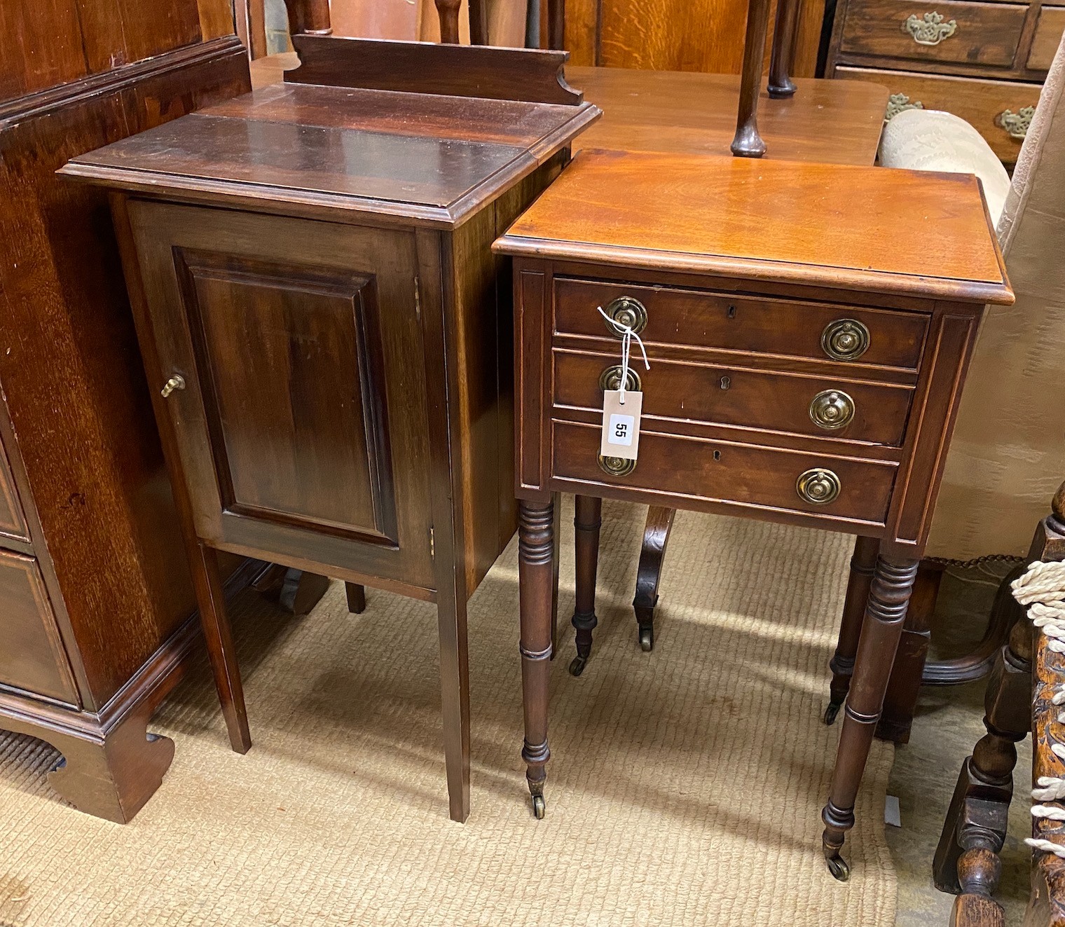 A Regency mahogany two drawer work table, width 43cm, depth 32cm, height 74cm, together with an Edwardian mahogany bedside cabinet